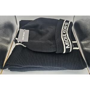 Michael Kors Black Knit Hat Beanie & Scarf Set One Size NWT Logo Winter